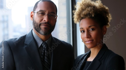 Two professionals in formal attire sharing a confident moment, embodying professionalism and trust