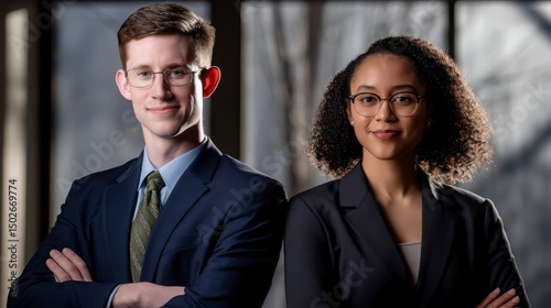 Two professionals in formal attire sharing a confident moment, embodying professionalism and trust