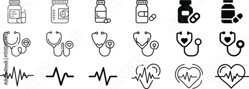 Medical and Healthcare Icon Set: Featuring Medicine Bottles with Pills, Stethoscopes for Diagnosis, and Electrocardiogram (ECG) Heartbeat Lines – Essential for Pharmacy, Cardiology, General Health
