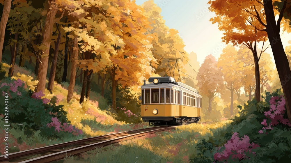 Obraz premium Tram in the Autumn Forest