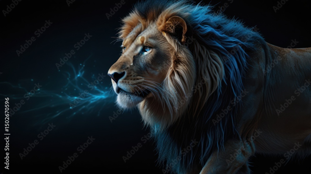 Majestic lion, side profile, glowing aura Majestic lion, side profile, glowing aura