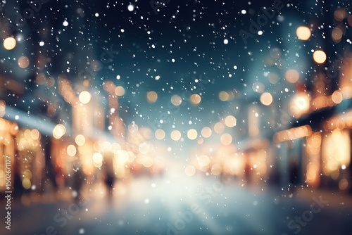Snow-covered street at night illuminated by warm streetlights with glowing snowflakes and dark sky background.