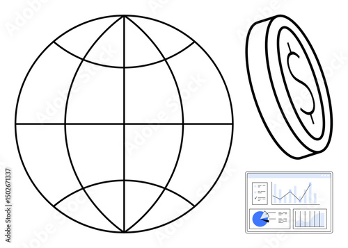Globe with longitude and latitude lines, coin with dollar symbol, dashboard showing analytics and graphs. Ideal for economy, finance, globalization, investment, data analysis, trade simple landing