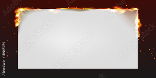 Fire flames and sparks burning white paper on a black background. Tongues of flames, realistic fire flame burning elements, ignition effect