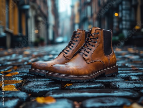 Stylish brown leather boots on a cobblestone street during a rainy day
