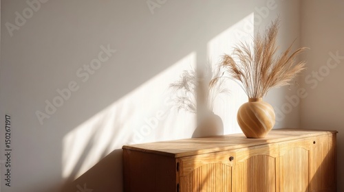 Vintage wooden cabinet with empty vase, soft light and long shadows, minimalist interior with copy space, conveying calm simplicity