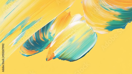 Abstract artwork featuring swirling yellow, orange, and teal paint strokes on a yellow background