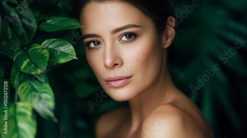 Woman with radiant skin, serene expression, embodying natural beauty and tranquility