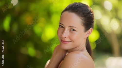 Woman with radiant skin, serene expression, embodying natural beauty and tranquility
