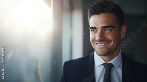 Young man smiling confidently in professional attire, conveying success and self-assurance in a modern workplace.