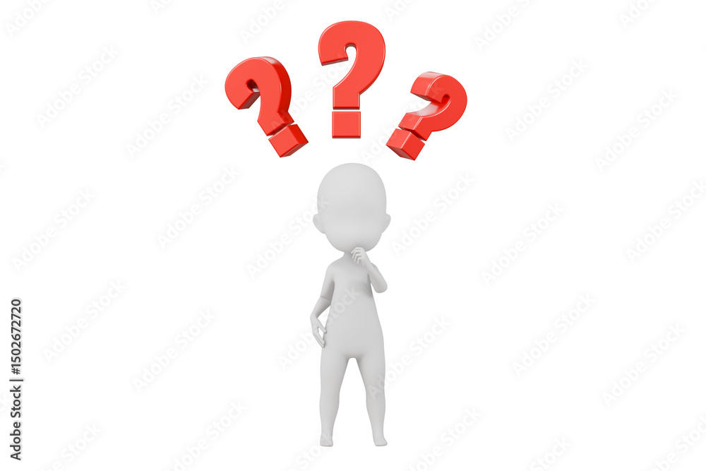 3D A Man thinking with a question mark icon. Minimal Cartoon white human sticky with red question mark isolated on white background. Looking for a solution. Decision and problem concept. 3d render. 3D A Man thinking with a question mark icon. Minimal Cartoon white human sticky with red question mark isolated on white background. Looking for a solution. Decision and problem concept. 3d render.