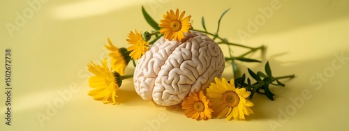 A brain adorned with colorful flowers set against a bright yellow background vibrant yellow background features a brain decorated with various flowers. a cheerful yellow backdrop.
