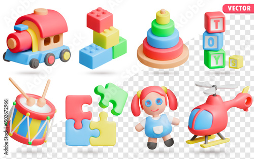 Kids Toys 3D Vector Icon Set: train toy, brick block toys, hoop toys, ABC blocks, drum toy, jigsaw, girl doll, and toy helicopter.
