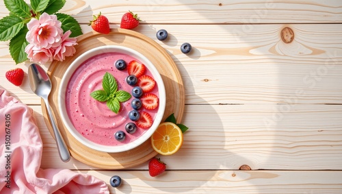 Smoothie bowl topped with strawberries, blueberries, and mint on wood   photo