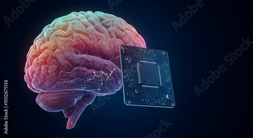 Colorful human brain with circuit board illustrating brain-computer interface