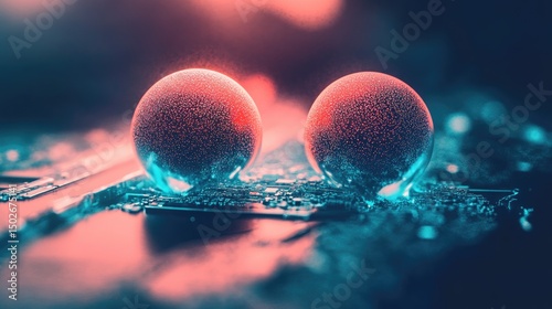 Two glowing spheres rest on a dark, textured surface, illuminated with vibrant pink and teal light