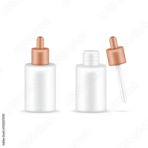 Set of realistic cosmetic bronze bottles with pipette on white background