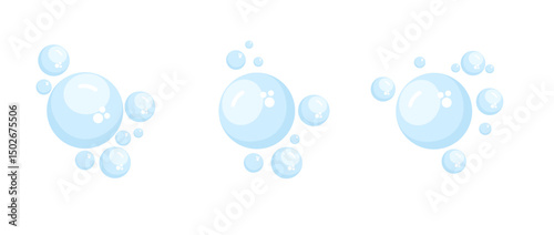 Vector blue bubbles set. Soap foam air bubbles of various sizes, blue and transparent PNG. Flat design elements for kids illustrations, cleaning ads