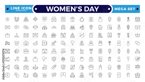 Women’s Day Outline Icon Set. Feminine symbols for empowerment, equality, leadership, motherhood, celebration, solidarity, strength, feminism, unity, rights, inspiration. Editable stroke outline icon.