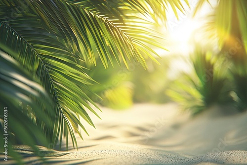 Palm leaves frame a sun-drenched sandy beach
