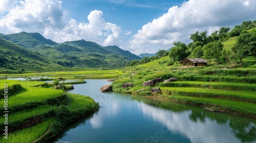 Scenic Rural Landscape with Green Mountains and Clear Waters