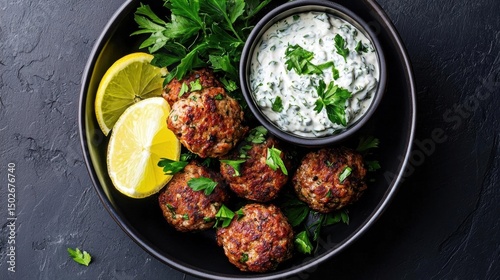 Black bowl filled with six meatballs, garnished with fresh parsley and lemon wedges. the meatballs are golden brown and appear to be seasoned with herbs and spices.