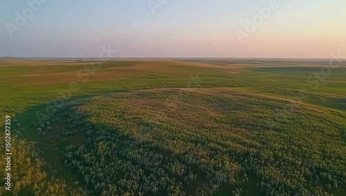 Expansive, rolling prairie landscape at dawn.  Patches of varying greens, browns and golds.  Gentle hills and a light haze