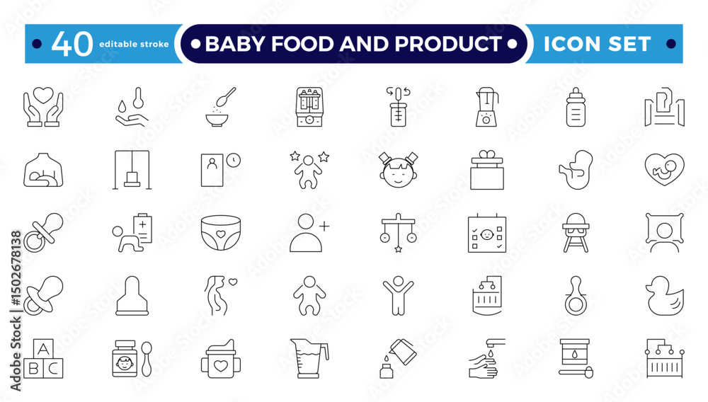 Baby Food and Product outline icon. Includes thin line concept, food, element, meal, feed, nutrition, pack, milk. Set of line pictogram. Editable stroke outline icon.
