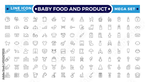 Baby Food and Product outline icon. Includes thin line concept, food, element, meal, feed, nutrition, pack, milk. Set of line pictogram. Editable stroke outline icon.

