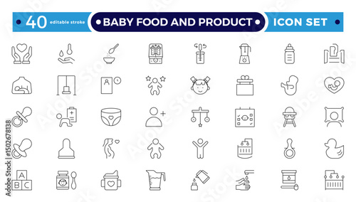 Baby Food and Product outline icon. Includes thin line concept, food, element, meal, feed, nutrition, pack, milk. Set of line pictogram. Editable stroke outline icon.
