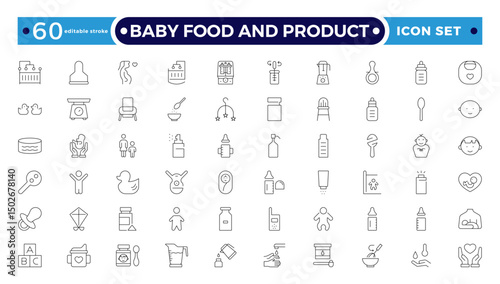 Baby Food and Product outline icon. Includes thin line concept, food, element, meal, feed, nutrition, pack, milk. Set of line pictogram. Editable stroke outline icon.
