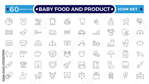 Baby Food and Product outline icon. Includes thin line concept, food, element, meal, feed, nutrition, pack, milk. Set of line pictogram. Editable stroke outline icon.
