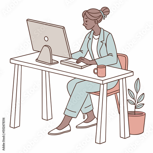A woman is seated at a desk with a laptop, symbolizing a typical office environment and the daily work routine.