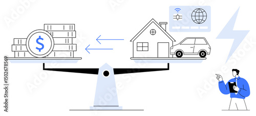 Scales balancing money against a house, car, and energy icons, with a person analyzing. Ideal for finance planning, sustainability, renewable energy, budgeting, investment strategies