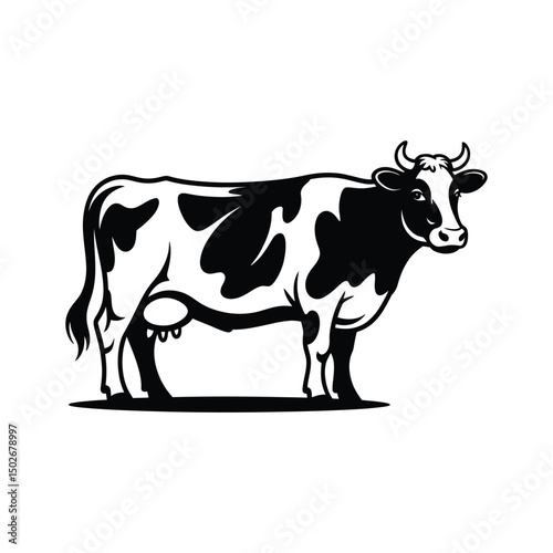 Dairy Cow Black and White Clipart, Cow Silhouette Vector Art & Illustration, Diary Fram vector