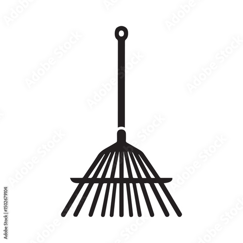 Black rake silhouette vector on white background. Garden rake tool icon.