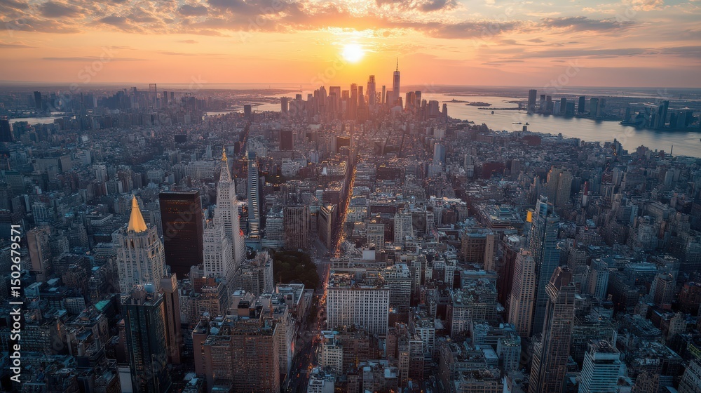 Obraz premium A breathtaking aerial view at sunset, showcasing the Empire State Building and glowing skyline..