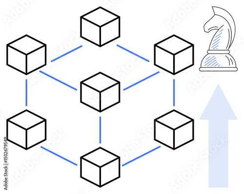 Six interconnected cubes represent a blockchain network with a knight chess piece symbolizing strategy and an upward arrow for growth. Ideal for innovation, technology, strategy, teamwork, growth
