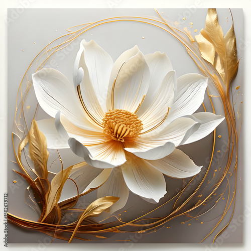 A decorative artwork featuring a large white flower with golden accents and leaves.