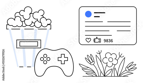Popcorn bucket, game controller, social media engagement post, and blooming flowers. Ideal for entertainment, gaming, relaxation, social media, leisure nature and modern design aesthetics