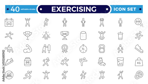 Exercising outline icons related to wellness, wellbeing, mental health, healthcare, cosmetics, spa, medical, massage, yoga, spa, relaxation, and diet. Wellness icon set. Editable stroke outline icon.
