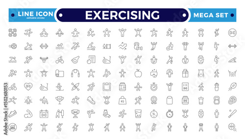 Exercising outline icons related to wellness, wellbeing, mental health, healthcare, cosmetics, spa, medical, massage, yoga, spa, relaxation, and diet. Wellness icon set. Editable stroke outline icon.

