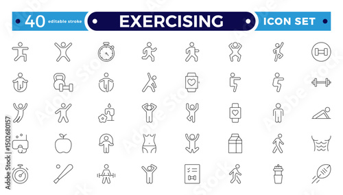 Exercising outline icons related to wellness, wellbeing, mental health, healthcare, cosmetics, spa, medical, massage, yoga, spa, relaxation, and diet. Wellness icon set. Editable stroke outline icon.
