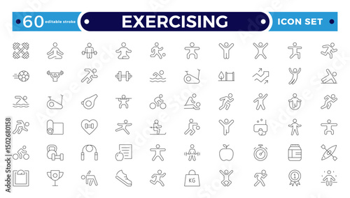 Exercising outline icons related to wellness, wellbeing, mental health, healthcare, cosmetics, spa, medical, massage, yoga, spa, relaxation, and diet. Wellness icon set. Editable stroke outline icon.
