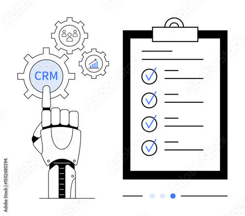 Robotic hand pointing to CRM gear icon with analytics and team icons, next to a checklist. Ideal for automation, technology, CRM, data management, efficiency, innovation, simple landing page