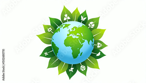 Vector illustration of minimal eco icons set with symbols like biodegradable packaging, solar panel, water droplet, and wind turbine.