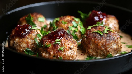 Black cast iron skillet with four meatballs in it. the meatballs are golden brown and appear to be seasoned with herbs and spices.