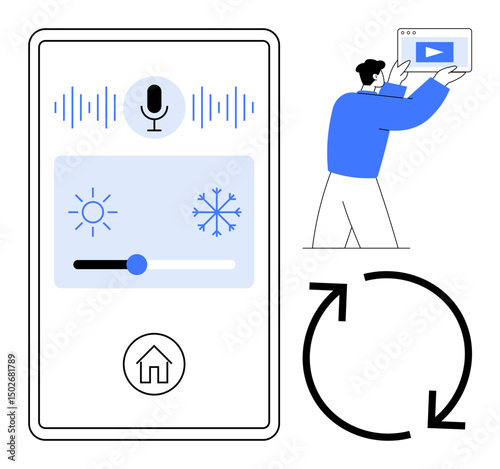 Smart home interface with microphone icon, brightness and temperature control, user interacting with tablet. Ideal for technology, smart devices, IoT, automation, user experience, innovation simple
