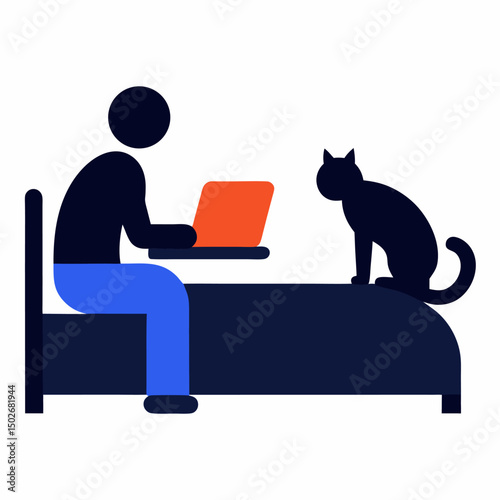 Freelancer working on bed with cat, lifestyle, home office setup