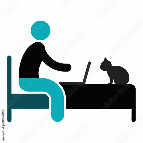 Freelancer working on bed with cat, lifestyle, home office setup
